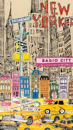 a painting of new york city with taxis and street signs