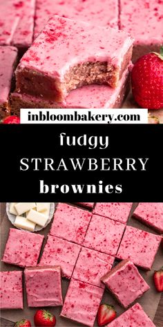 fudgey strawberry brownies on a cutting board with strawberries and sliced into squares