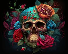 a skull with roses and leaves on it's head is seen in this image