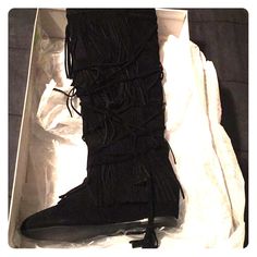 These Black Flat Fringe Boots Are Absolutely Super Gorgeous & They’re A Size 8!!! Brand New & Never Been Worn Because They’re Too Tight On My Calves! Black Mid-calf Boots With Flat Heel, Fitted Black Suede Mid-calf Boots, Black Suede Mid-calf Casual Boots, Casual Wedge Boots For Fall Party, Casual Black Suede Mid-calf Boots, Casual Fall Party Wedge Boots, Black Suede Knee-high Boots For Spring, Thigh High Black Boots, White Platform Boots