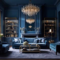 an elegant living room with blue walls and chandelier above the couches,