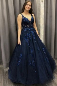 Dark Navy Tulle Applique Prom Dress Ball Gown Grad Dresses 2023, Blue Long Prom Dress, Tulle Formal Dress, Prom Dress Lace, Prom Dress Ideas, Prom 2024, Prom Inspo, Lace Formal Dress, Blue Evening Dresses