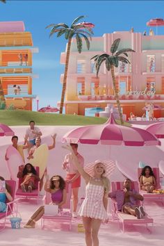 a group of people sitting in lawn chairs under umbrellas on the beach with buildings and palm trees behind them