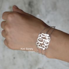 "Order this beautifully designed monogram bracelet and it will be handmade using your initials with classic script font. Bracelet with custom made initials will be amazing gift for any occasion. Metal options: - Sterling Silver - Sterling Silver with Yellow Gold Overlay - Sterling Silver with Rose Gold Overlay Monogram size is optional from 1/2\" to 1.5\" ------------NOTE------------ For traditional monograms LAST name initial goes in the middle. Please submit your initials as - first, Last and Initials Bracelet, Script Letters, Monogram Bracelet, Script Lettering, Gold Overlay, Pompano Beach, Initial Bracelet, Script Font, Charm Bracelets