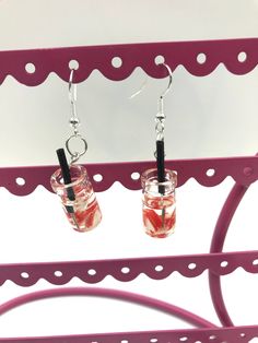 These boba earrings are 1 3/4 inches tall. Casual Dangle Hoop Earrings For Gift, Handmade Casual Hoop Earrings, Casual Dangle Hoop Earrings As Gift, Handmade Casual Hoop Earrings As Gift, Casual Handmade Hoop Earrings As Gift, Nickel-free Casual Party Earrings, Casual Nickel-free Earrings For Party, Casual Drop Earrings For Gifts, Casual Drop Earrings As Gift