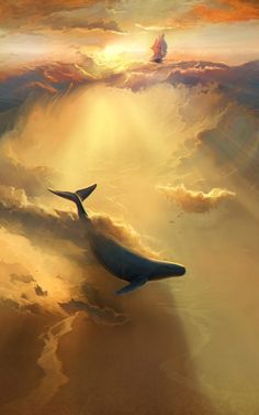 a painting of a whale floating in the sky with clouds and sun shining through it