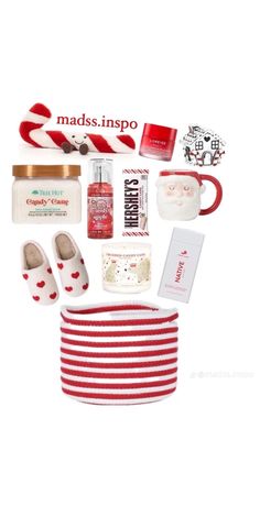 the contents of a red and white striped bag