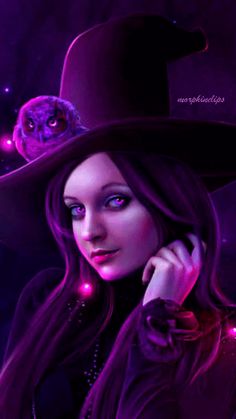 a woman with long hair wearing a witches hat and holding a cell phone to her ear