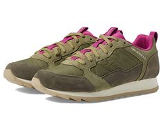 Merrell Alpine Sneaker - Women's Shoes : Olive/Fuchsia : The Merrell Alpine Sneaker offers a retro vibe that will keep you comfortable and steady on both easy hikes and city walks. Leather and nylon upper. Traditional lace-up closure. Front and back pull loops for assisted entry. Breathable mesh lining. Kinetic Fit Base removable contoured insole for flexible support. Lightweight EVA midsole provides added underfoot comfort and shock absorption. Durable rubber outsole for reliable traction on va Green Nylon Sneakers For Outdoor Activities, Green Sneakers With Elastic Laces For Outdoor Activities, Green Sneakers With Elastic Laces For Outdoor, Casual Nylon Hiking Boots With Boost Midsole, Nylon Mid-top Sneakers For Outdoor Activities, Mid-top Nylon Sneakers For Outdoor Activities, Casual Green Nylon Trail Running Shoes, Nylon Trail Running Shoes For Hiking, Nylon Hiking Boots With Laces