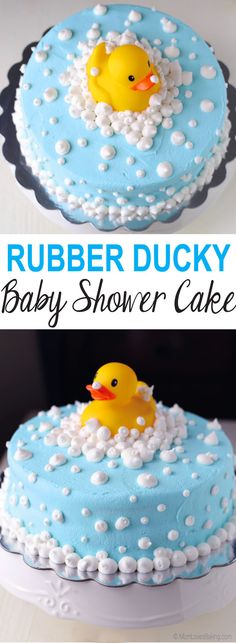 a baby shower cake with rubber ducky on top and blue icing in the middle