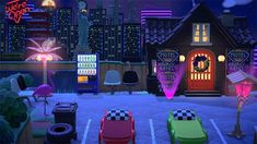 an animated image of a night time scene with chairs, lights and buildings in the background