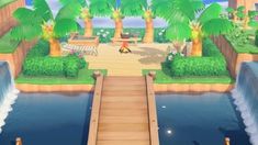 an animal crossing a bridge over water with palm trees in the background and a person sitting on a bench at the end