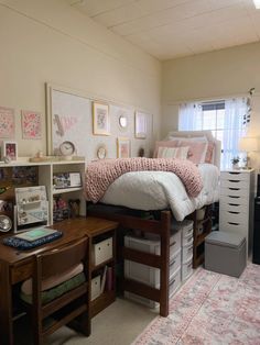 a bedroom with a bed and desk in it