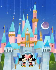 mickey and minnie mouse standing in front of a castle