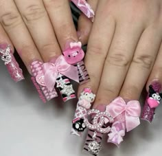 Real Y2k, Hello Kitty Nails Art, Junk Nails, Summery Nails, Hello Kitty Nails, Really Cute Nails, Animal Print Nails, Unique Acrylic Nails, Kawaii Nails