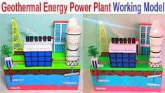 two pictures of an energy plant model made out of paper