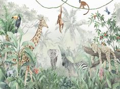 an image of a jungle scene with monkeys, giraffes and zebras