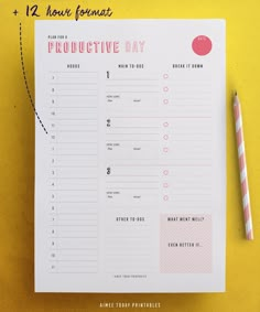 the printable planner is next to a pencil on a yellow surface with pink polka dots