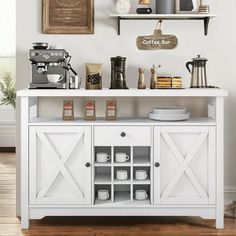 a coffee bar with various items on the top and shelves above it in a kitchen