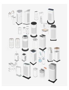 an assortment of different types of air purificates on a white background