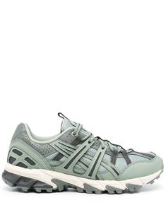 grey/green panelled design mesh panelling round toe logo-embroidered tongue branded heel counter padded ankle branded insole rubber sole front lace-up fastening Asics Mesh Trail Running Shoes, Sporty Asics Mesh Trail Running Shoes, Asics Sneakers With Rubber Waffle Outsoles For Light Sports, Asics Mesh Functional Sneakers, Functional Asics Mesh Sneakers, Functional Mesh Asics Sneakers, Asics Sneakers With Vibram Sole For Light Sports, Asics Sneakers For Light Sports With Vibram Sole, Asics Trail Running Sneakers