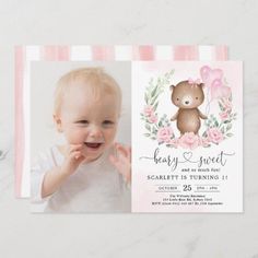 $2.56 | Pink Floral Teddy Bear Girl 1st Birthday Party #teddy bear picnic, girl bear birthday party, beary sweet so much fun, floral teddy bear birthday, watercolor pink floral flowers, wild one 1st birthday girl, spring flowers garden party, pink blush heart balloons, greenery eucalyptus botanical wreath, trendy elegant chic girly feminine Spring Flowers Garden, First Birthday Gift Ideas, Beary First Birthday, Wild One 1st Birthday, Birthday Watercolor, Teddy Bear Birthday, Bear Picnic, Bear Birthday Party, 1st Birthday Party Invitations