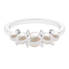 3.75 CT Freshwater Pearl Five Stone Anniversary Band Ring with Diamond Freshwater Pearl - ( AAA ) - Quality - Rosec Jewels Stone Ring Design, Pearl Anniversary, Freshwater Pearl Ring, Ring With Diamond, June Birthstone, Better Half, Anniversary Bands, June Birth Stone, Anniversary Ring