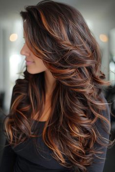 Partial Caramel Highlights On Dark Hair, Chunky Highlights, Chocolate Brown Hair Color, Dark Hair With Highlights, Dark Brown Hair Color, Brown Hair With Highlights, Beautiful Dream