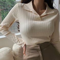 DETAILSMaterial: Acrylic, CottonThickness: STANDARDCollar: Turn-down CollarElasticity: Highly Stretchable Preppy Fabric, Beige Pullover, Pullover Outfit, Long Sleeve Tops Casual, Women Sweater, Collar Sweater, Beige Sweater, Knitted Pullover Sweaters, Fall Sweaters