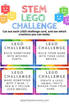 National Lego Day Activities, Homeschool Lego Activities, Lego Stem Challenge Cards, Stem Activities With Index Cards, Steam Lego Activities, Printable Stem Activities, Lego Literacy Activities, Lego Reading Activities, Lego Club Challenges