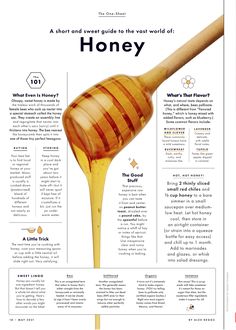 the honey is pouring from a wooden spoon into a glass jar with information about it