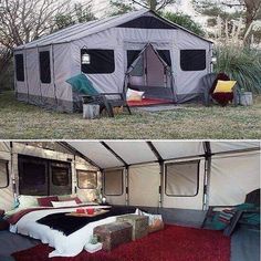 there are two pictures of a tent in the grass and one has a bed inside