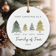 a personalized ornament for a family of four hanging on a christmas tree