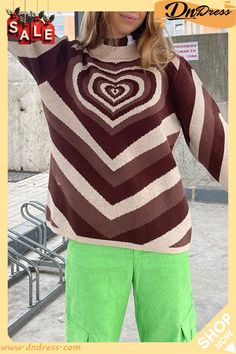 Color Block Multicolor Heart Shape Pullover Long Sleeve Sweater Casual Winter Sweater With Heart Print, Casual Heart Print Sweater For Winter, Trendy Heart Print Sweater For Winter, Casual Heart-shaped Sweater For Winter, Casual Heart-shaped Winter Sweater, Trendy Heart Graphic Sweater For Fall, Fall Heart-shaped Sweater, Trendy Fall Sweater With Heart Print, Trendy Winter Sweater With Heart Graphic