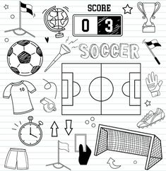 soccer doodles on lined paper with the words score and other sports items in black and white