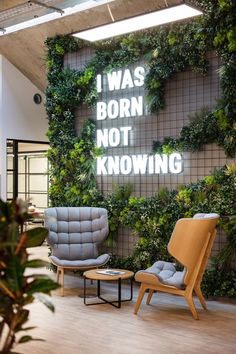 a living room with plants on the wall and two chairs in front of it that say i was born not known