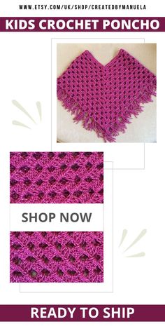 a pink crocheted shawl with the words kids crochet poncho on