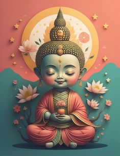 a buddha statue sitting on top of a blue and pink background