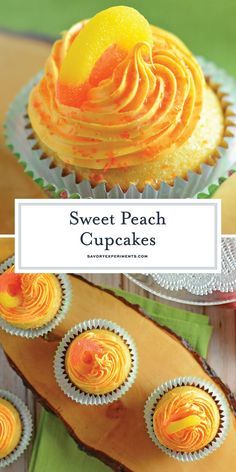 sweet peach cupcakes with orange frosting on top