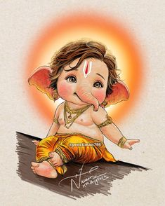 an illustration of a baby ganeshi sitting on the ground