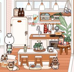 a kitchen filled with lots of appliances and furniture next to a cat sitting on the floor