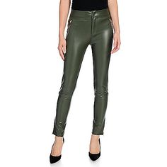 Contemporary style that can easily be worn at the office or around town! High Waist Polyurethane Leather Pants For Work, Sleek Leather Pants With Zipper For Work, Trendy Leather Pants With Faux Front Pockets, Trendy Workwear Pants In Polyurethane, High-waisted Leather Pants With Zipper For Work, Faux Leather Pants With Zipper Closure For Work, Trendy Leather Pants With Faux Front Pockets For Work, Edgy Leather Pants For Work With Zipper Closure, Edgy Leather Pants With Zipper For Work