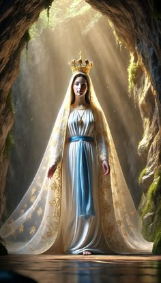 a woman dressed in white and gold with a crown on her head standing in front of a cave