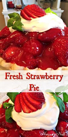 fresh strawberry pie with whipped cream on top