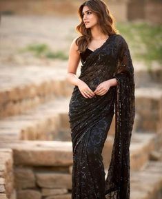 Designer Saree on Exclusive Soft Net Fabric With Embroidered Sequnce Work Saree Wedding Wear Saree Party Wear Saree indian Saree For Women by kajithelable on Etsy Kriti Sanon Saree, Black Sari, Kriti Sanan, Sarees For Girls, Indian Designer Sarees, Party Sarees, Saree Designs Party Wear