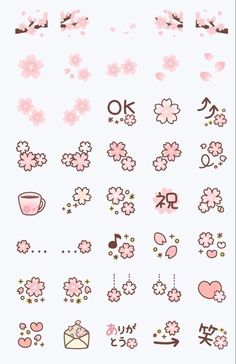 the pink flowers and symbols are arranged in different styles, shapes, and fonts