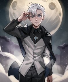 an anime character is standing in front of the moon with his hand on his head