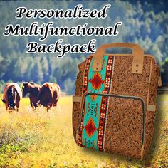 "This Western Themed Backpack features a vibrant saddle blanket & tooled leather detailed design which is digitally printed directly to the item.   This bag can be PERSONALIZED with your name, initials, monogram, Business Logo or Your Ranch Brand - You can also order it without the personalization option if your prefer. STYLISH while still offering STRONG, STURDY construction this multipurpose backpack can be used in MANY WAYS - use it as a daily use backpack, stow-away travel carry-on bag, diaper bag and more! DEEP pockets, wide carry HANDLES - rather than a \"loop\" at the top as is common with most backpacks - These same handles also Slide Right Over the Telescoping Pull Handle of the Suitcases, Plus an insulated front pocket that will hold a freezer pack and 3 cans, or bottles. The sup Multicolor Hand Tooled Travel Bags, Brown Backpack For Weekend Trips, Western Backpack, Rodeo Events, Monogram Business, Rodeo Horses, Ranch Decor, Western Babies, Fisherman Gifts