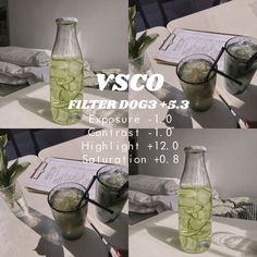 four different views of a glass bottle filled with water and ice, along with instructions on how to fill it