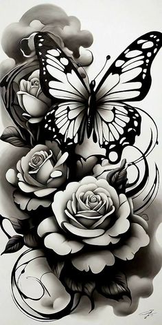 a black and white drawing of flowers with butterflies